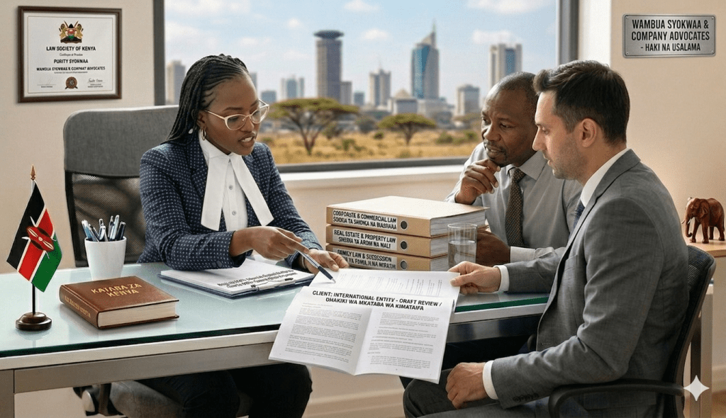 Image showing WS Law Founder, Purity Syokwaa, consulting with two clients