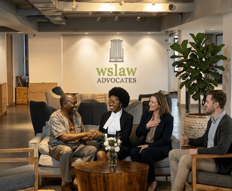 Photo showing satisfied WS Law clients at the reception